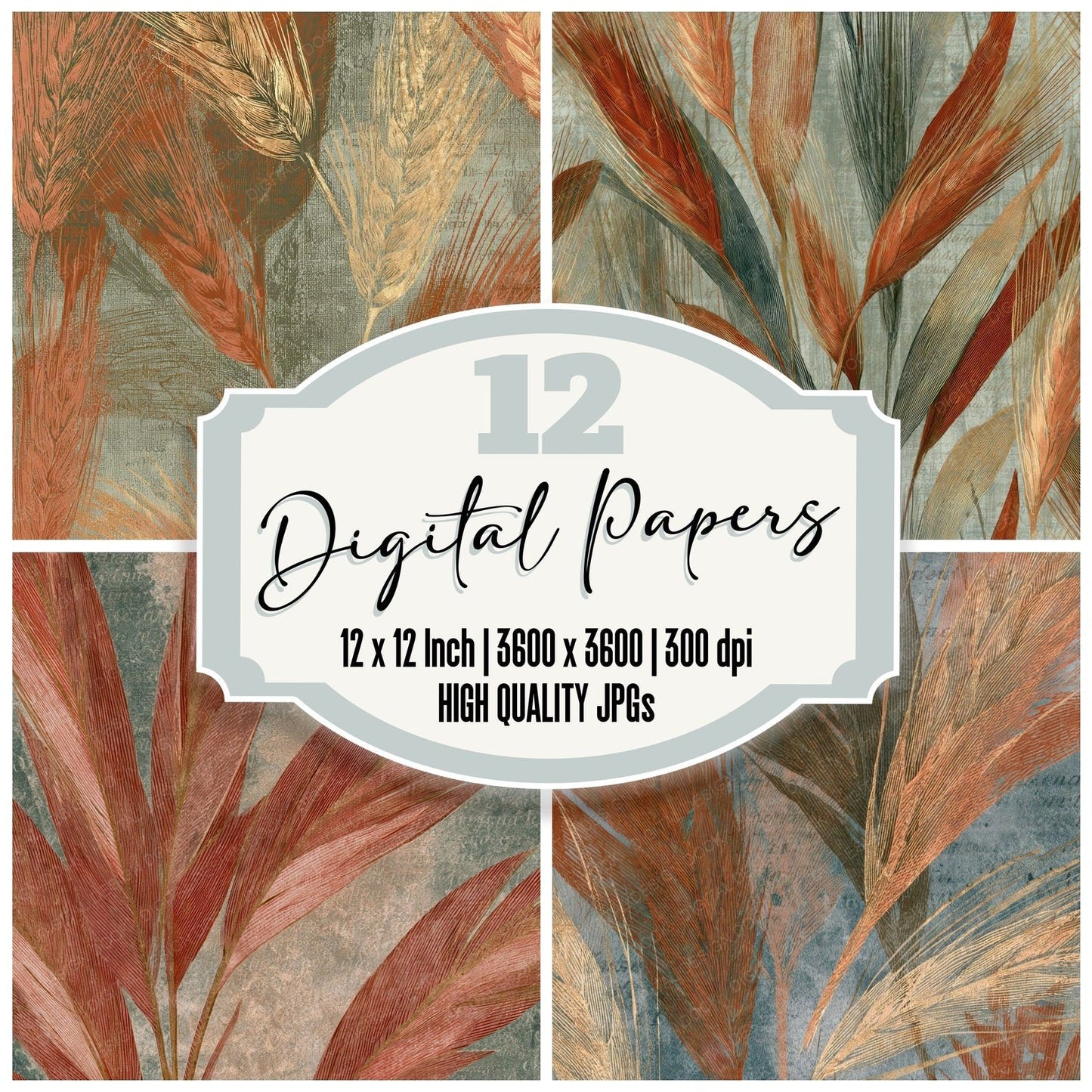 Engraving Wheat Terracotta Sage Digital Paper Pack (DDD012838)