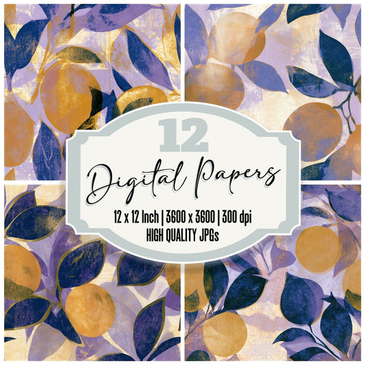 Woodblock Kumquat Lavender Seamless Digital Paper Pack (DDD012843)