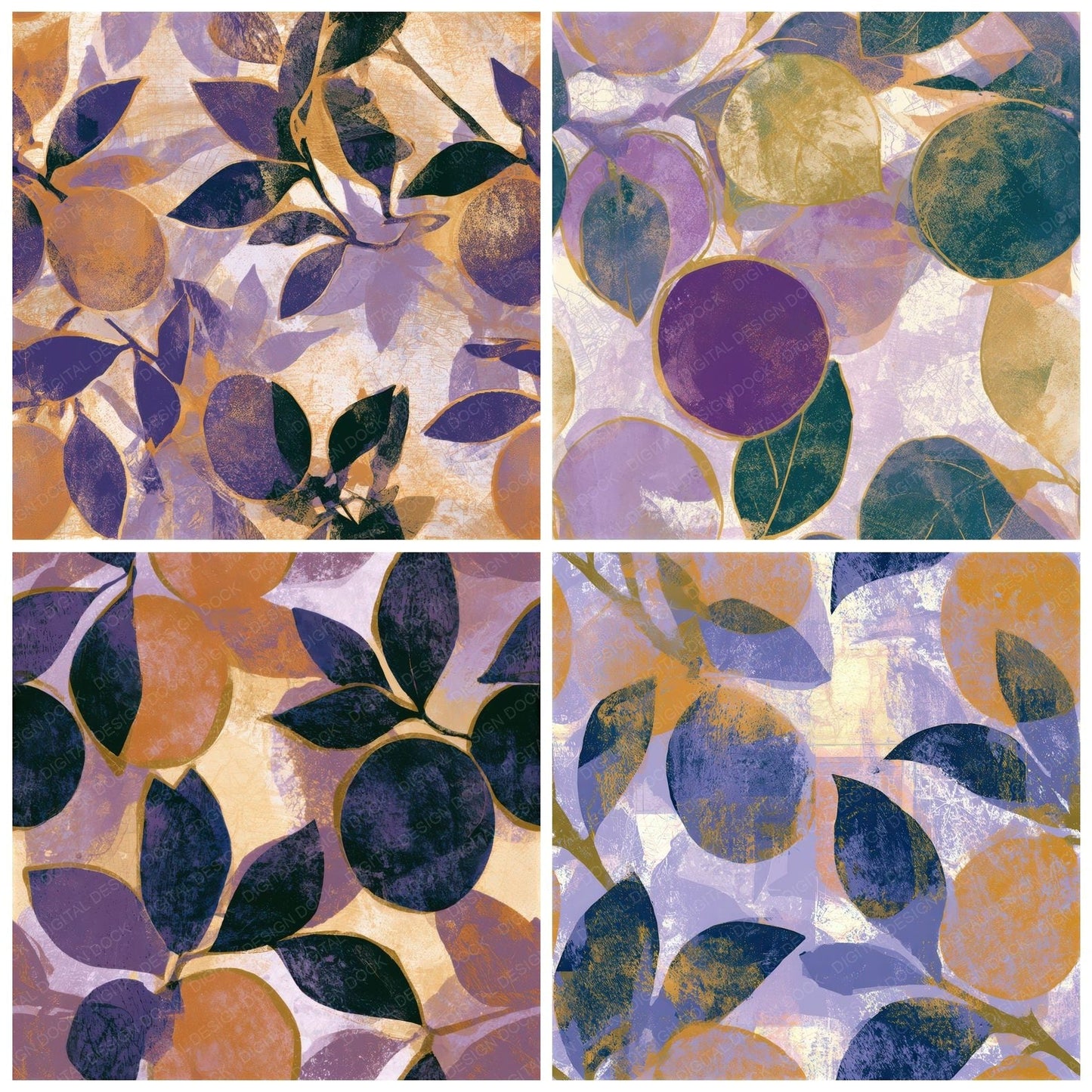 Woodblock Kumquat Lavender Seamless Digital Paper Pack (DDD012843)