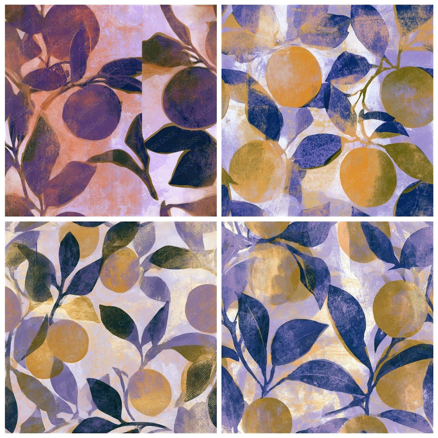 Woodblock Kumquat Lavender Seamless Digital Paper Pack (DDD012843)