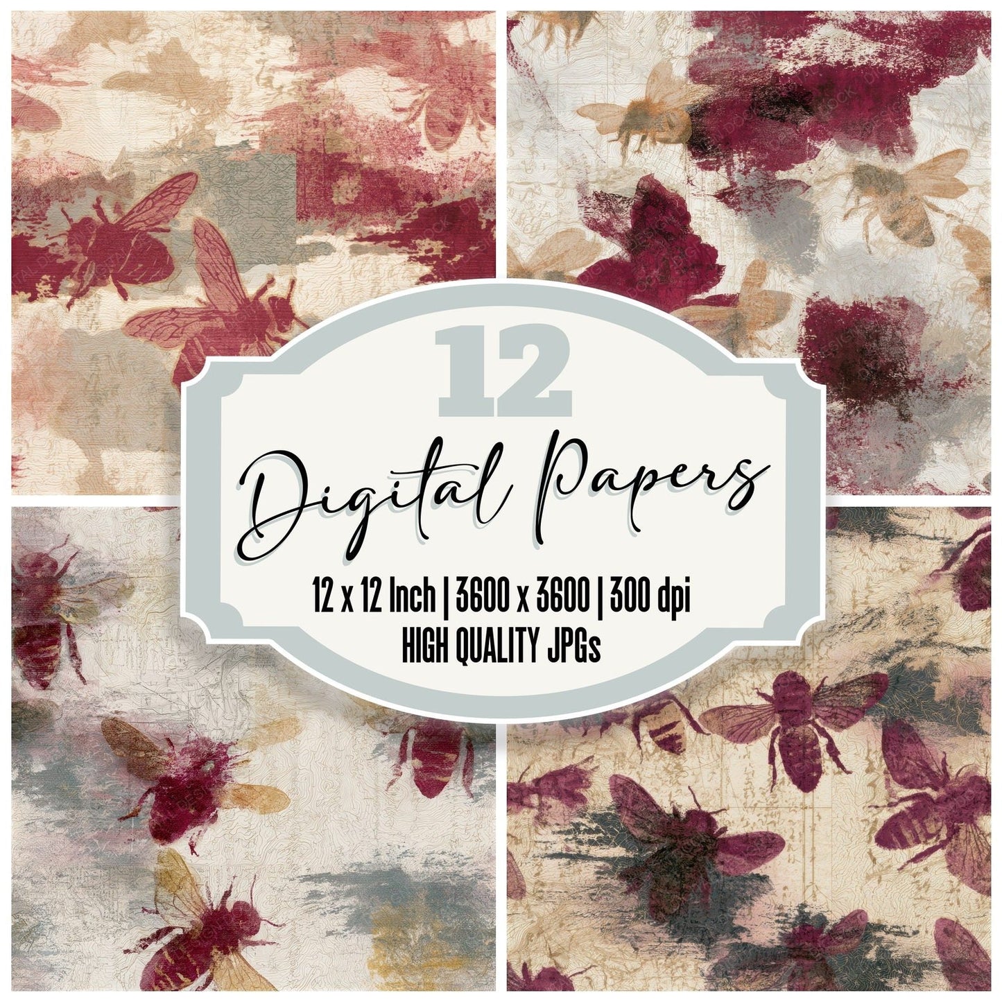 Antique Map Honey Bees Garnet Seamless Digital Paper Pack (DDD012845)
