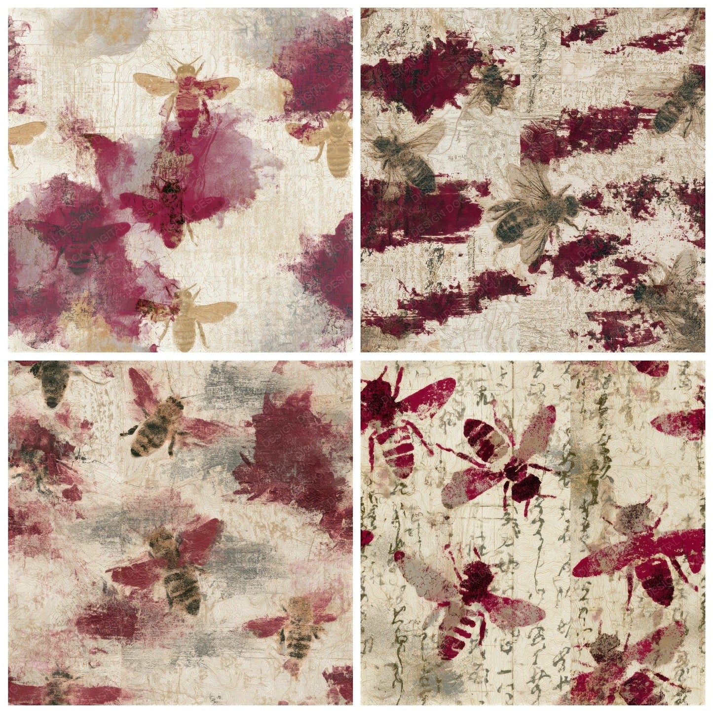 Antique Map Honey Bees Garnet Seamless Digital Paper Pack (DDD012845)
