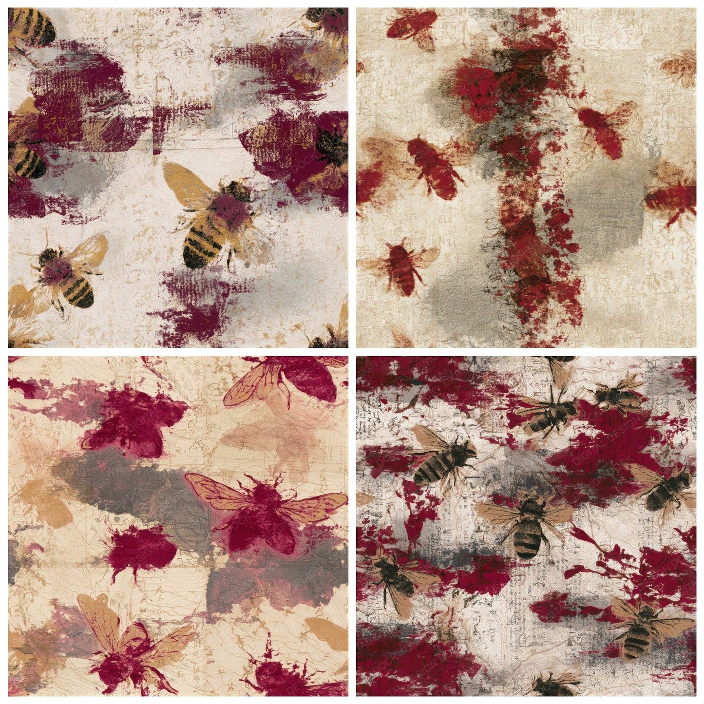 Antique Map Honey Bees Garnet Seamless Digital Paper Pack (DDD012845)