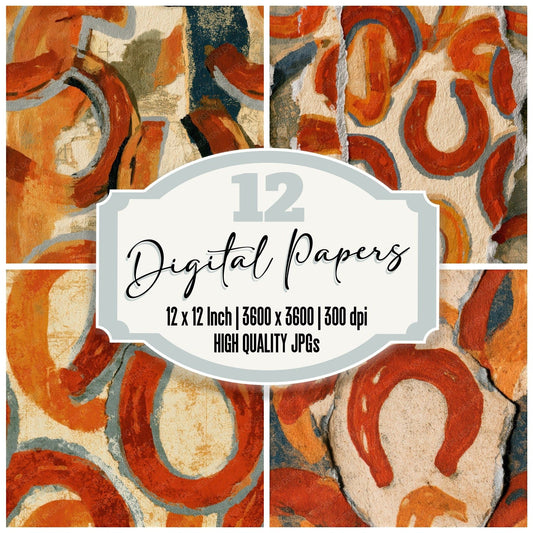 Collage Horseshoes Burnt Orange Seamless Digital Paper Pack (DDD012849)