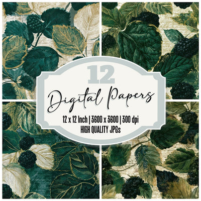 Engraving Mulberries Forest Green Seamless Digital Paper Pack (DDD012852)