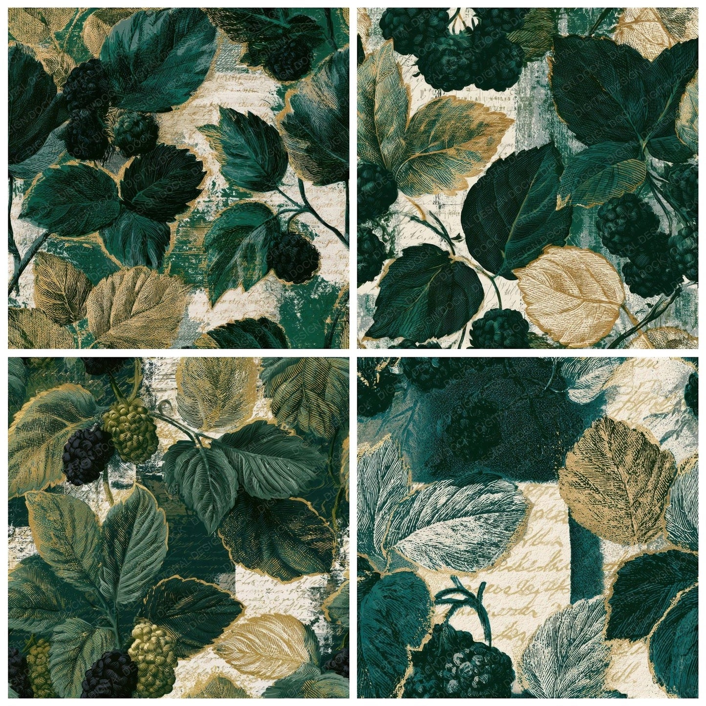 Engraving Mulberries Forest Green Seamless Digital Paper Pack (DDD012852)