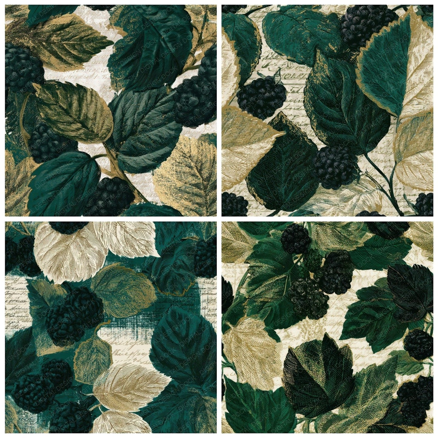 Engraving Mulberries Forest Green Seamless Digital Paper Pack (DDD012852)