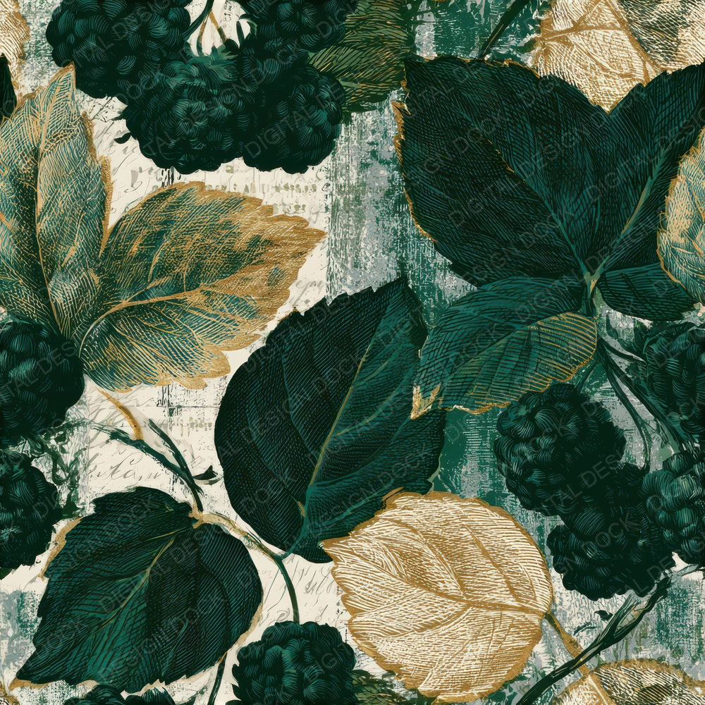 Engraving Mulberries Forest Green Seamless Digital Paper Pack (DDD012852)