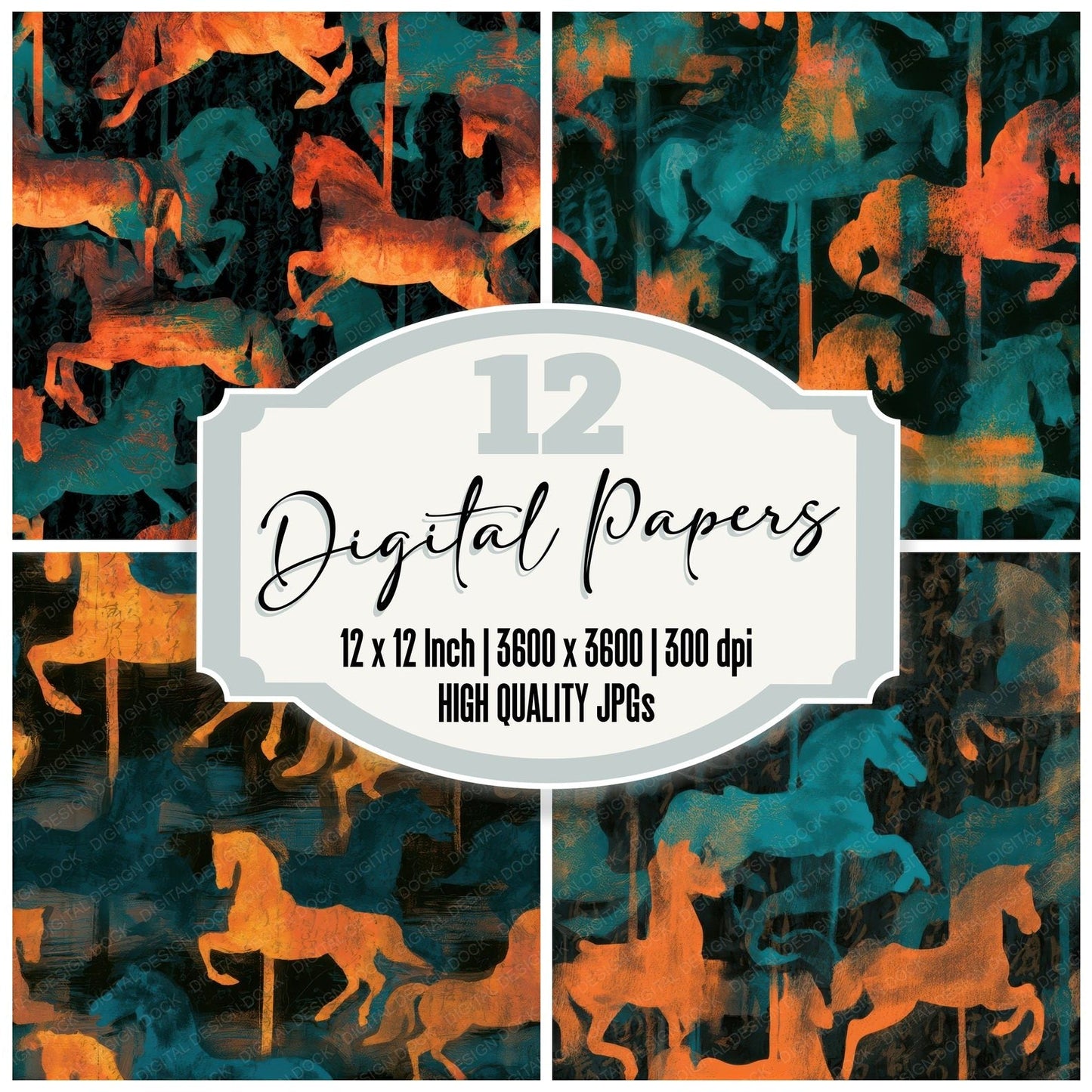 Gouache Carousel Horses Tangerine Turquoise Seamless Digital Paper Pack (DDD012853)