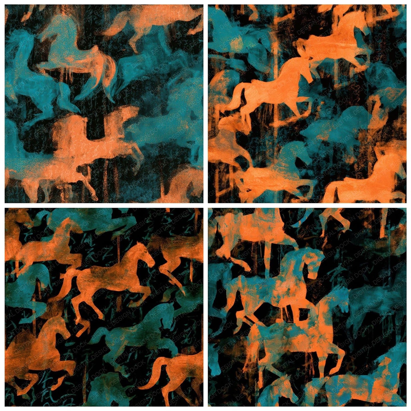 Gouache Carousel Horses Tangerine Turquoise Seamless Digital Paper Pack (DDD012853)