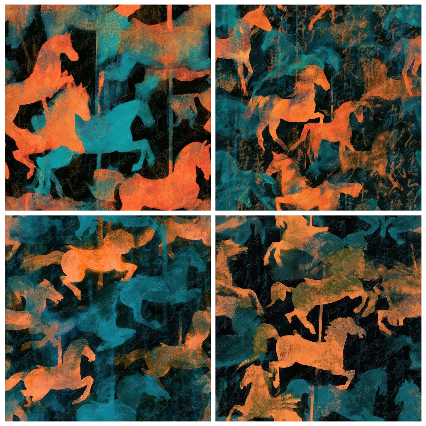 Gouache Carousel Horses Tangerine Turquoise Seamless Digital Paper Pack (DDD012853)