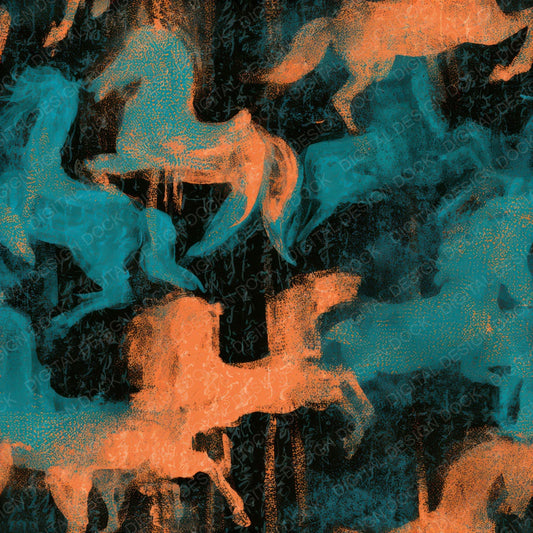 Gouache Carousel Horses Tangerine Turquoise Seamless Digital Paper Pack (DDD012853)