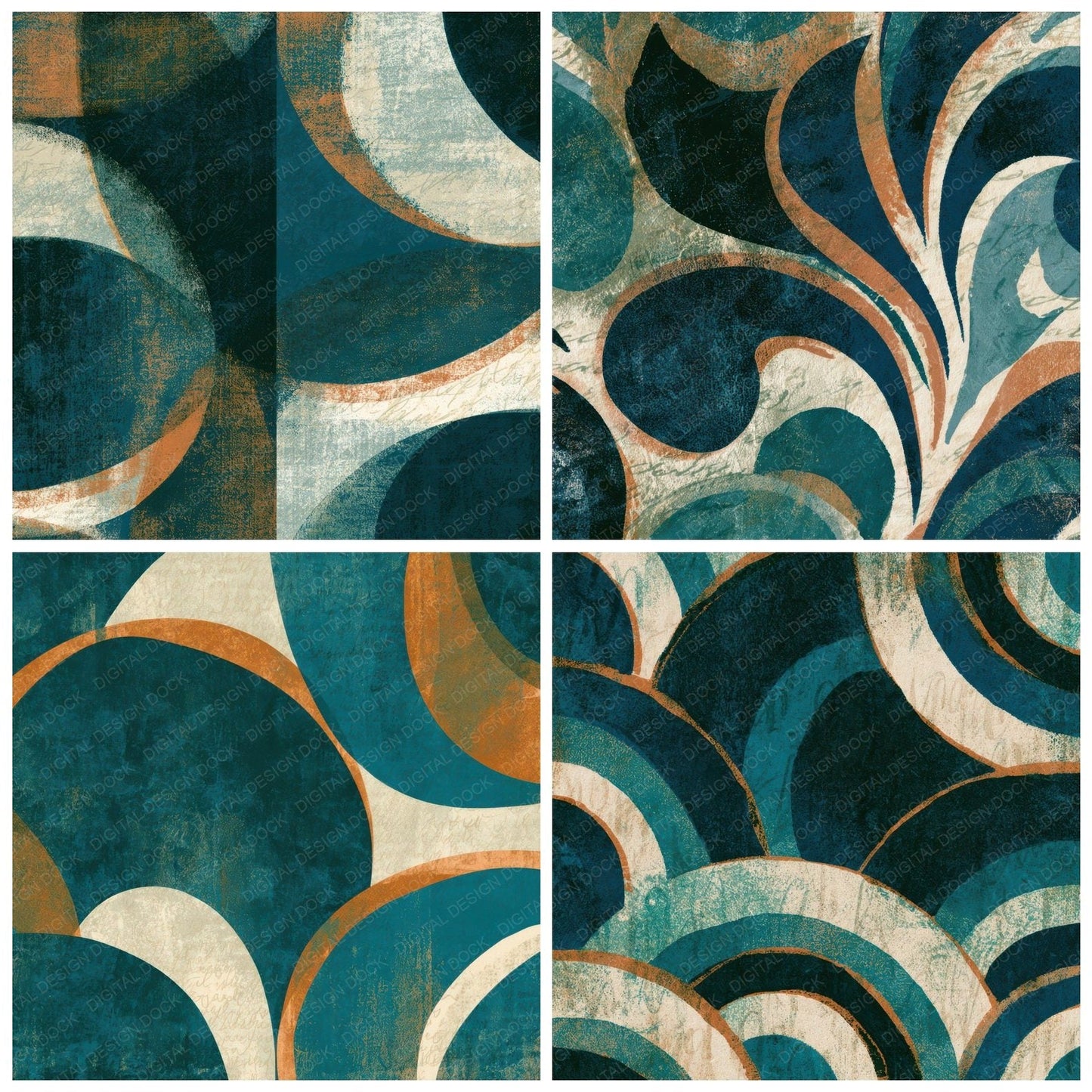 Indian Block Print Organic Curves Teal Bone Digital Paper Pack (DDD012854)