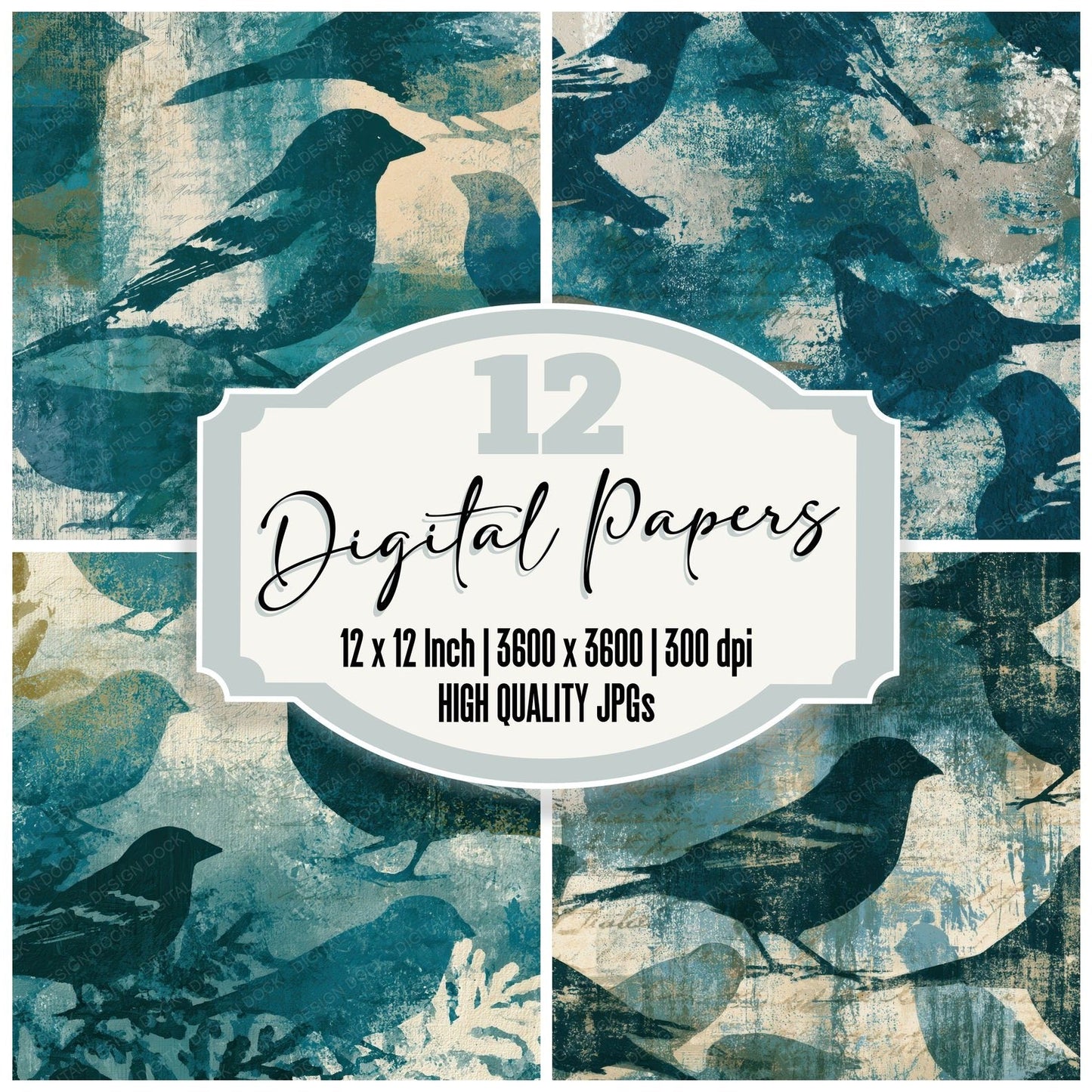 Monoprint Finch Teal Bone Digital Paper Pack (DDD012859)