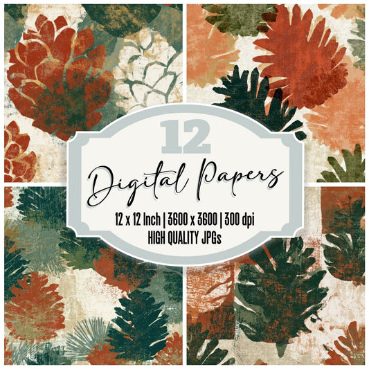 Screenprint Pine Cone Rust Moss Digital Paper Pack (DDD012861)