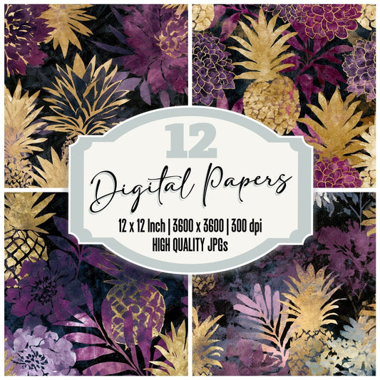 Watercolour Pineapple Aubergine Pearl Digital Paper Pack (DDD012863)