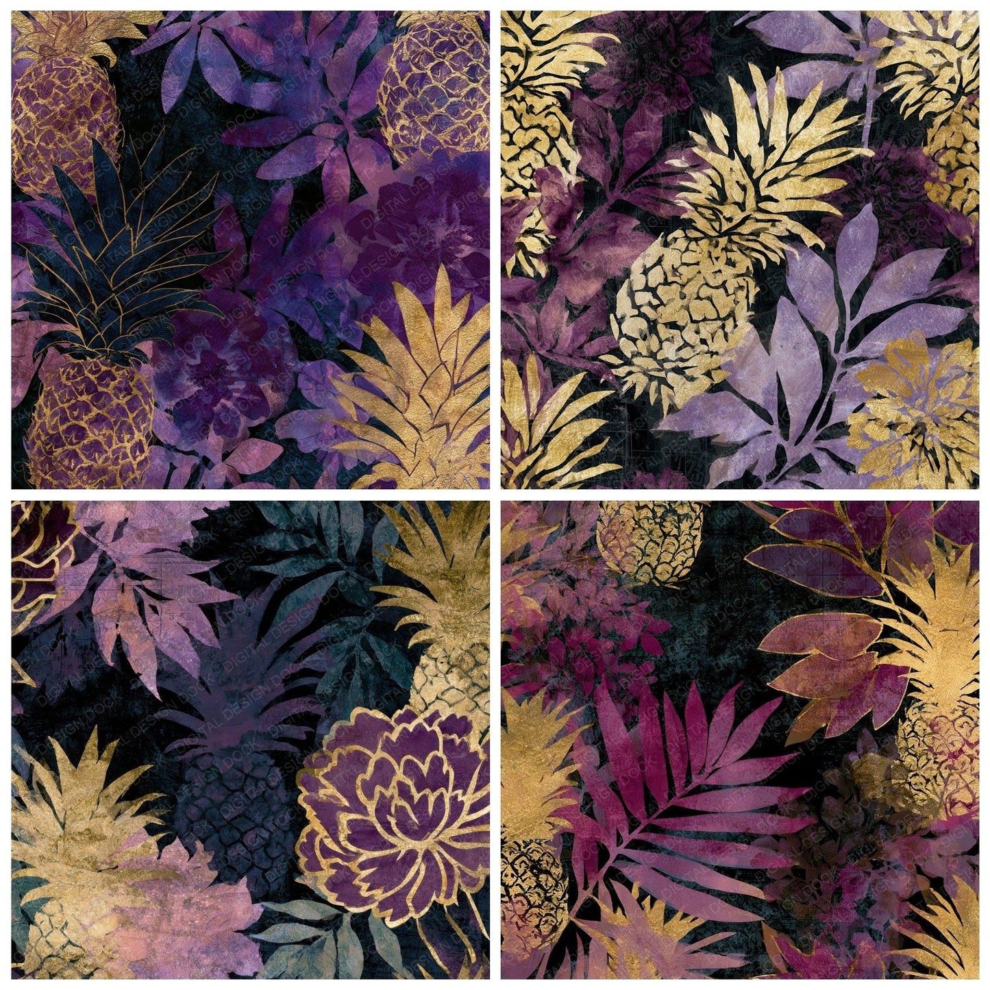 Watercolour Pineapple Aubergine Pearl Digital Paper Pack (DDD012863)