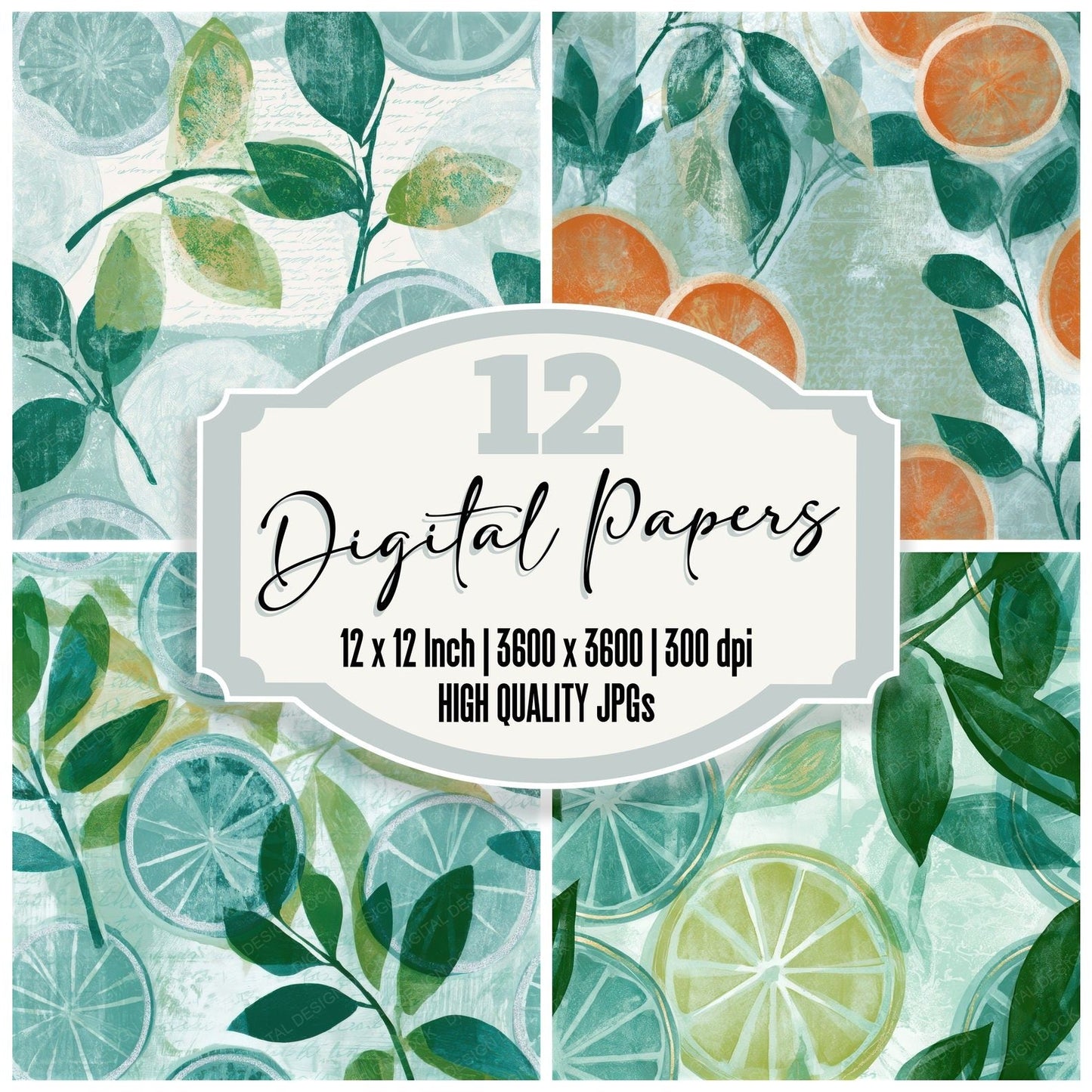 Woodblock Citrus Seafoam Seamless Digital Paper Pack (DDD012864)