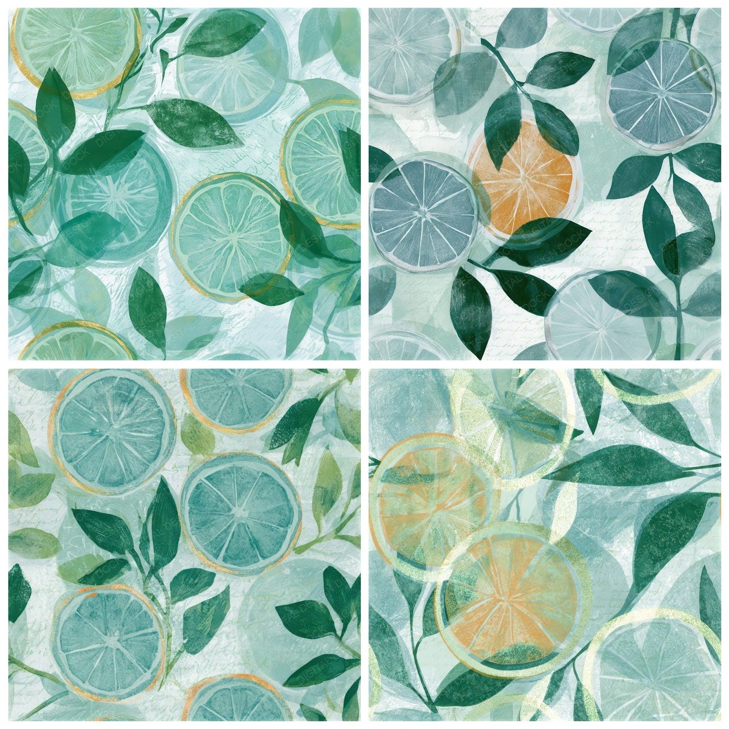 Woodblock Citrus Seafoam Seamless Digital Paper Pack (DDD012864)