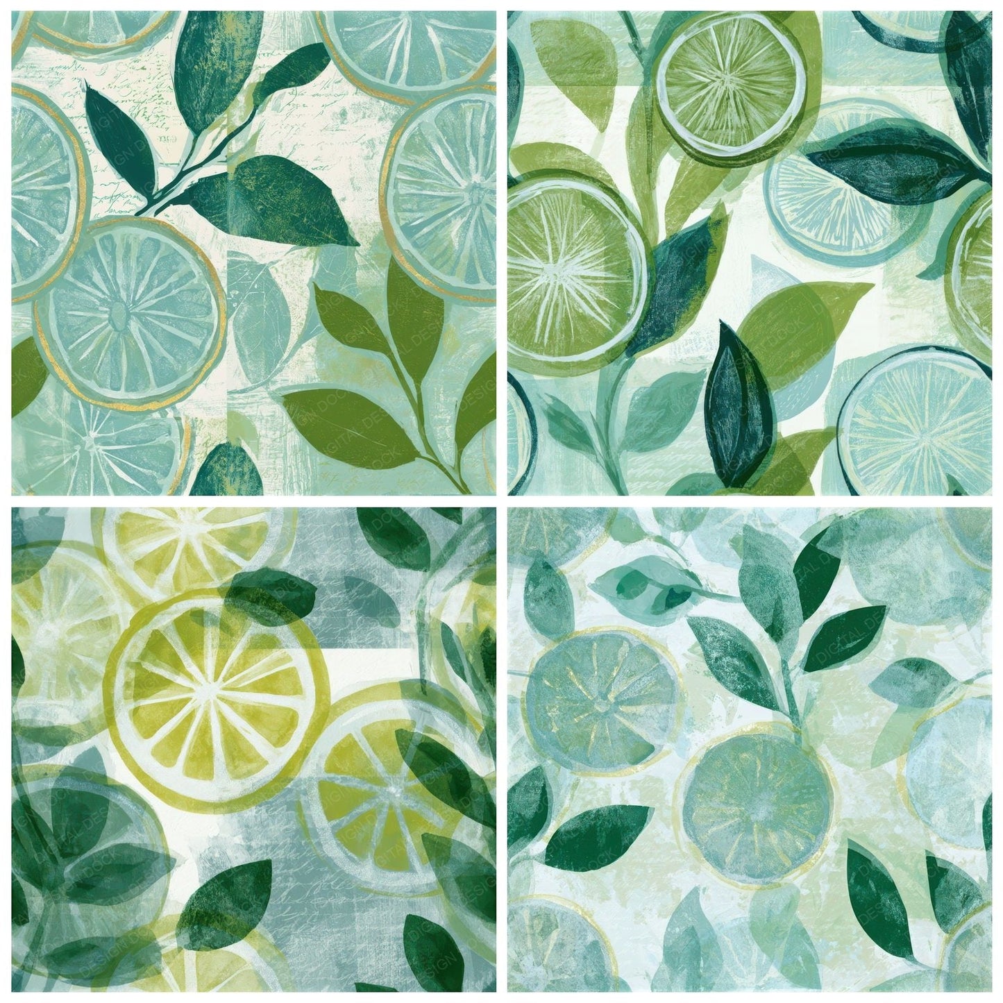 Woodblock Citrus Seafoam Seamless Digital Paper Pack (DDD012864)