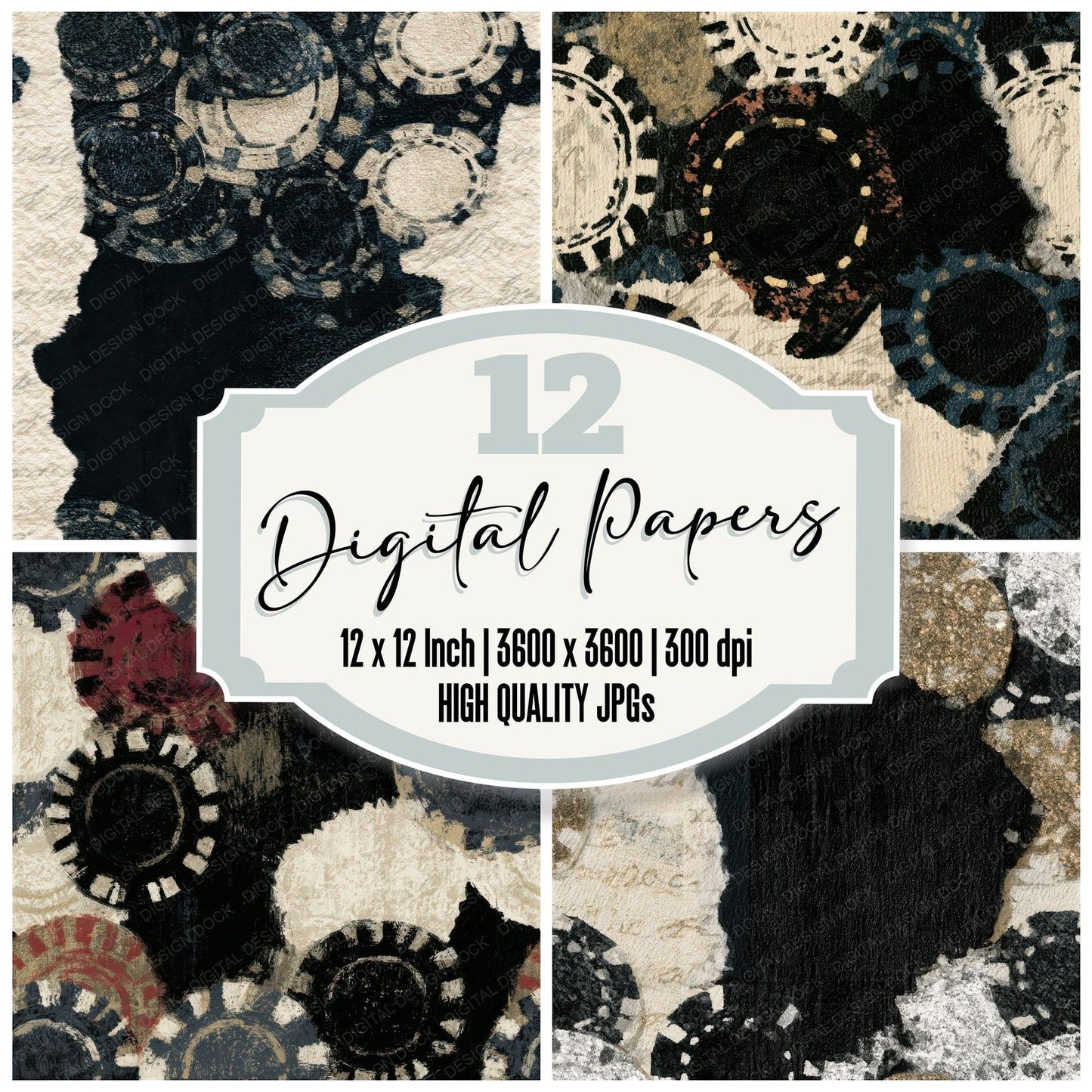 Collage Poker Chips Cream Black Seamless Digital Paper Pack (DDD012866)