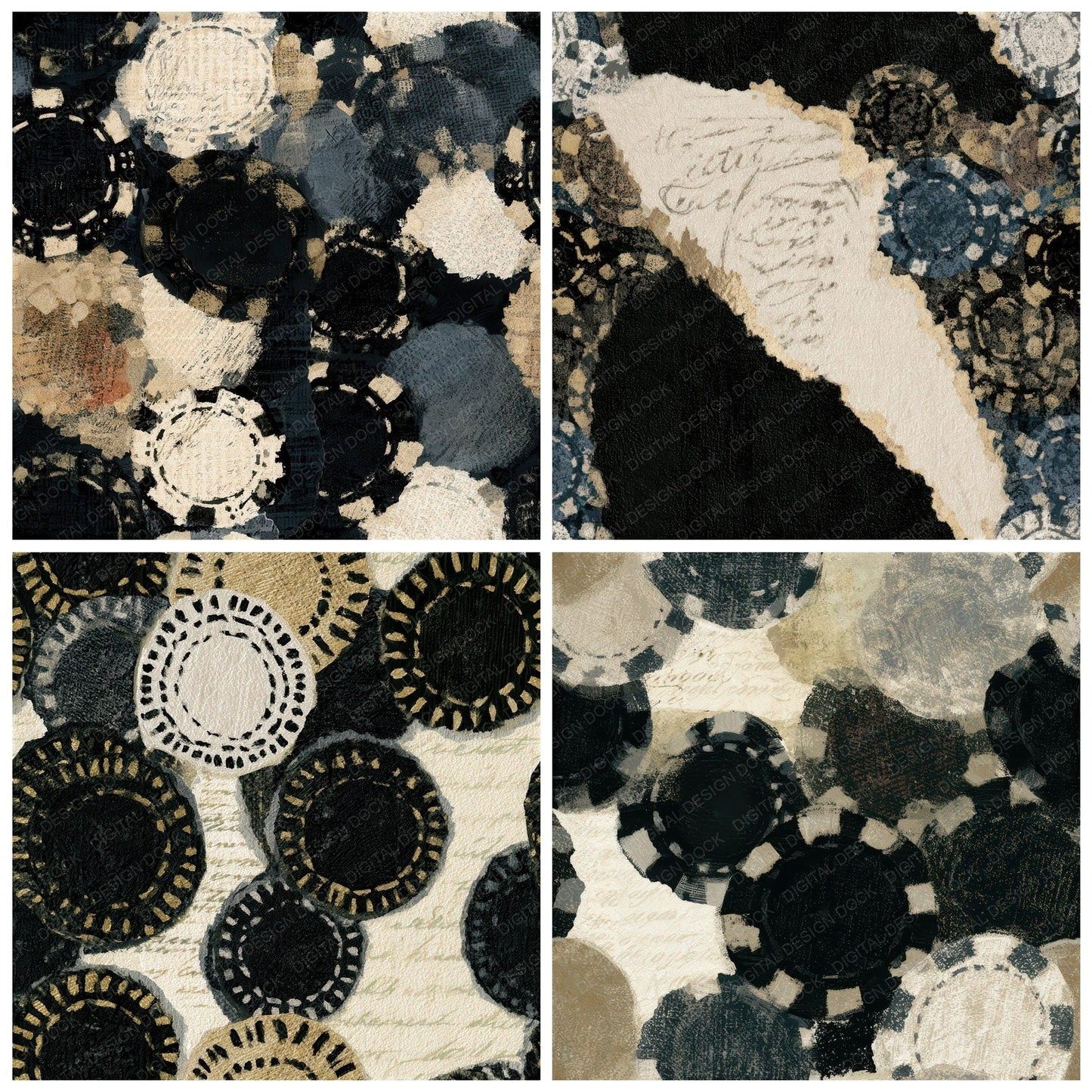 Collage Poker Chips Cream Black Seamless Digital Paper Pack (DDD012866)
