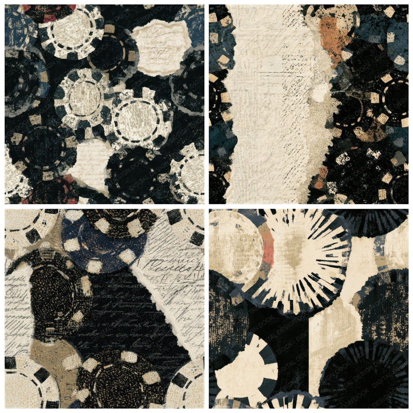 Collage Poker Chips Cream Black Seamless Digital Paper Pack (DDD012866)