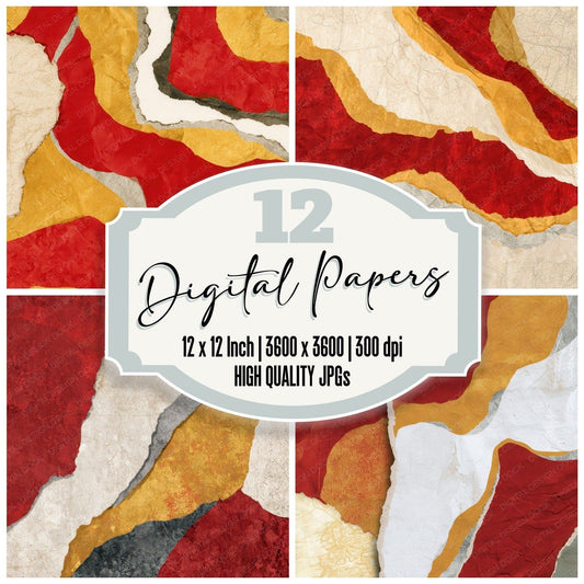 Collage Red Gold Ivory Abstract Digital Paper Pack (DDD012867)