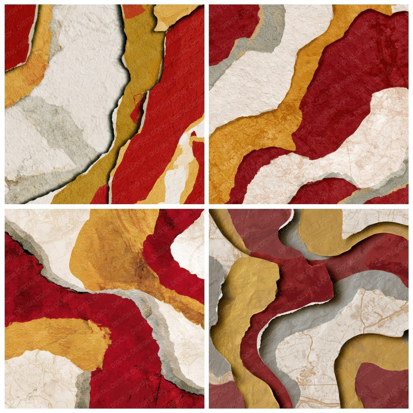 Collage Red Gold Ivory Abstract Digital Paper Pack (DDD012867)