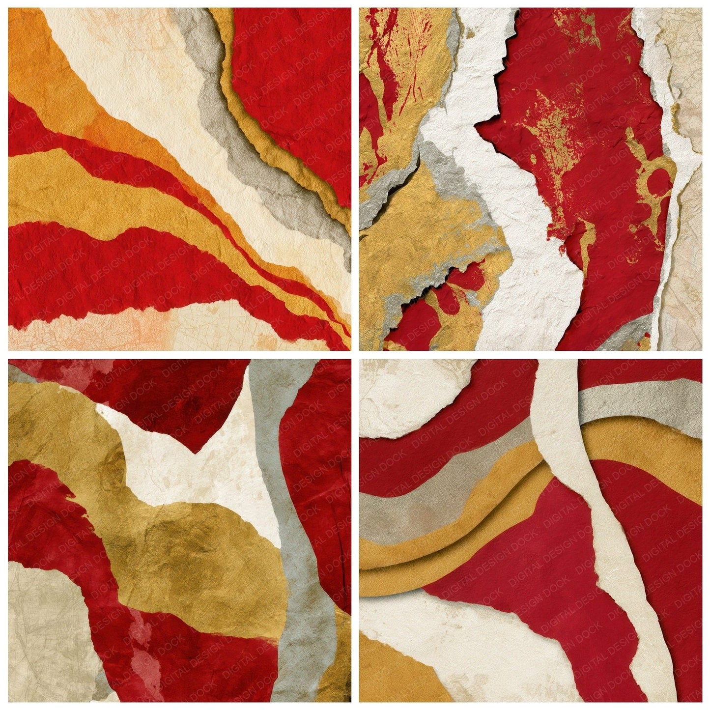 Collage Red Gold Ivory Abstract Digital Paper Pack (DDD012867)
