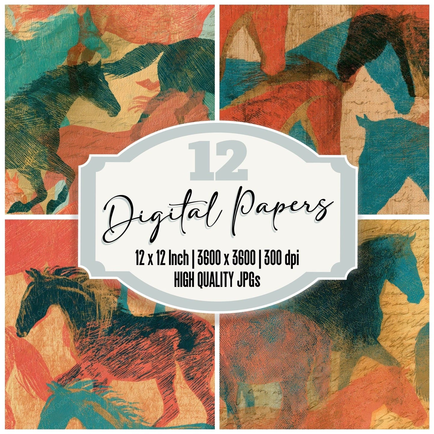 Engraving Horses Coral Turquoise Digital Paper Pack (DDD012870)