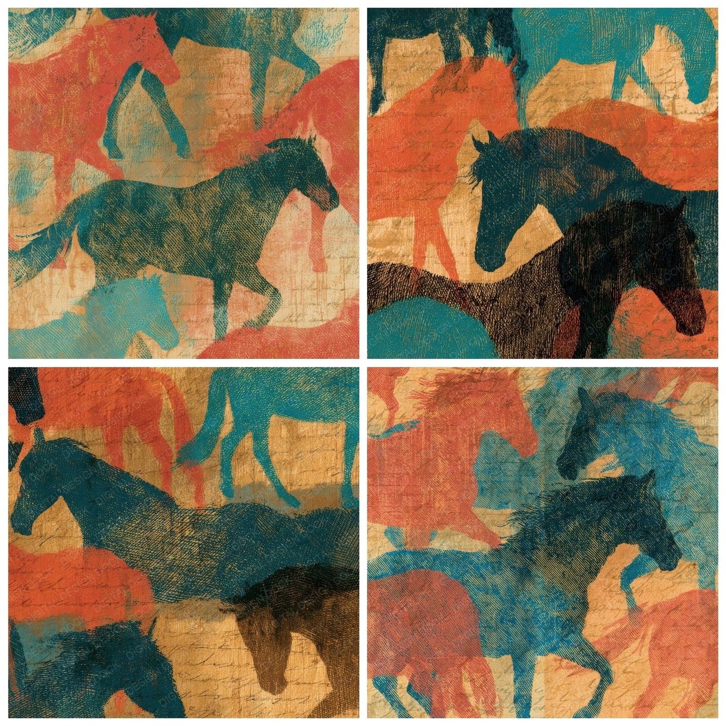 Engraving Horses Coral Turquoise Digital Paper Pack (DDD012870)