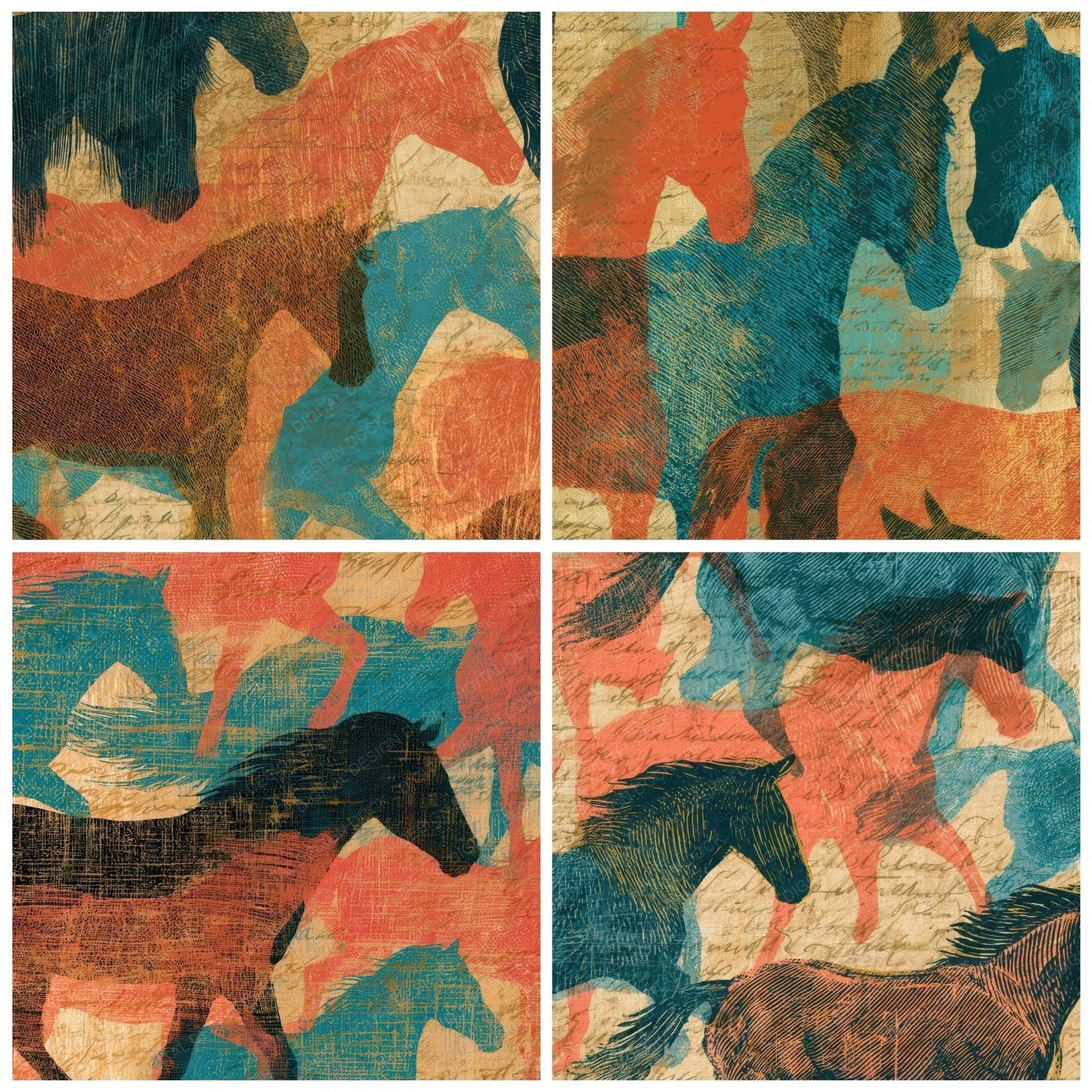 Engraving Horses Coral Turquoise Digital Paper Pack (DDD012870)