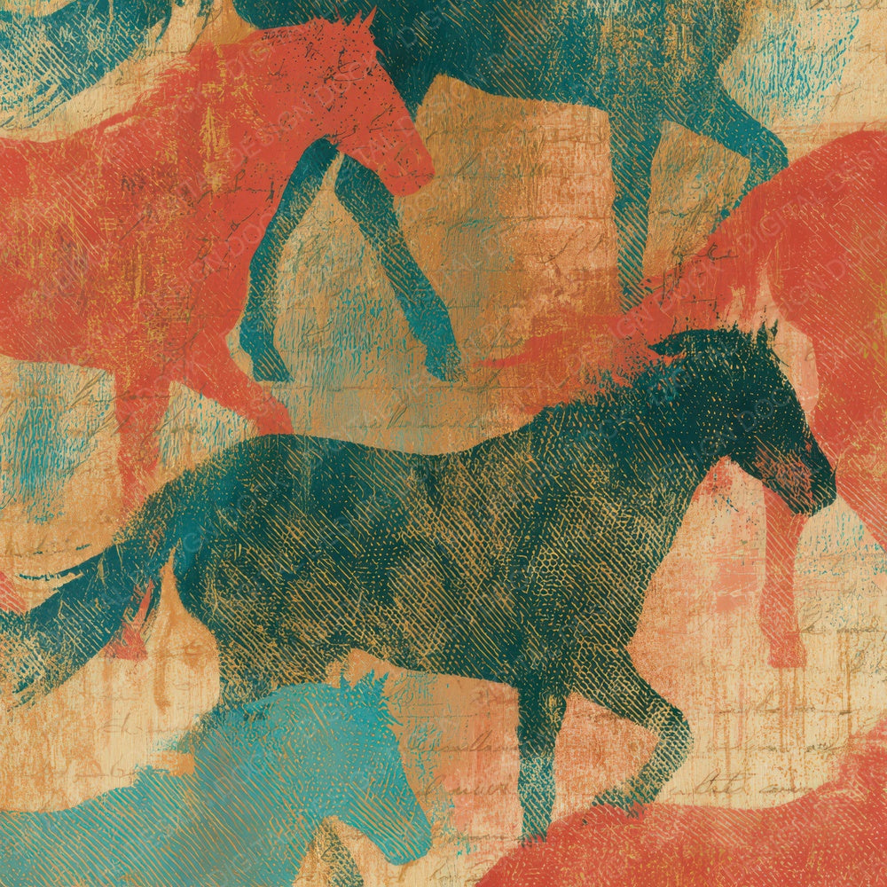 Engraving Horses Coral Turquoise Digital Paper Pack (DDD012870)