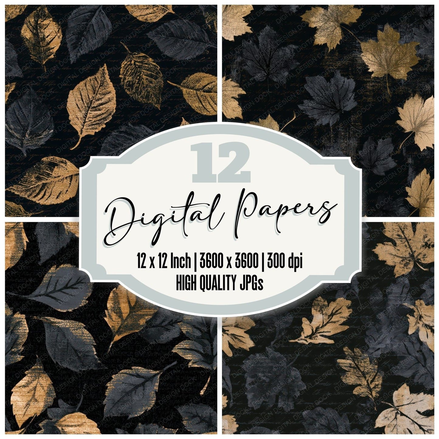 Indian Block Print Autumn Leaves Charcoal Gold Digital Paper Pack (DDD012871)