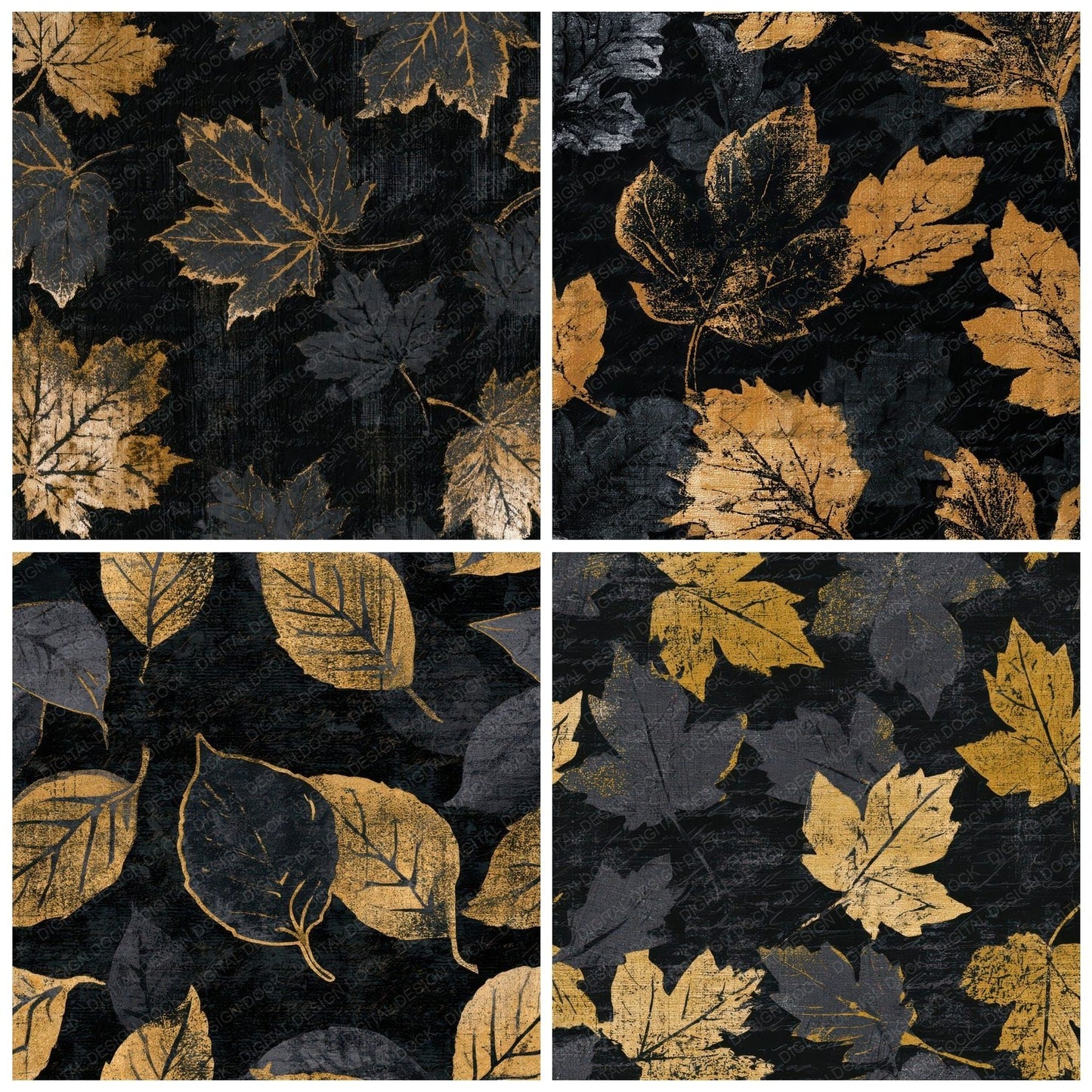 Indian Block Print Autumn Leaves Charcoal Gold Digital Paper Pack (DDD012871)