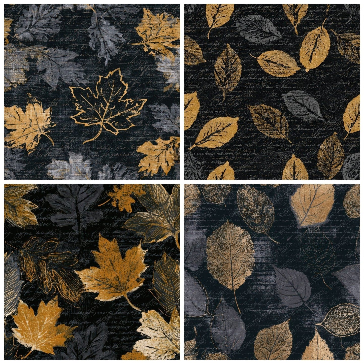 Indian Block Print Autumn Leaves Charcoal Gold Digital Paper Pack (DDD012871)