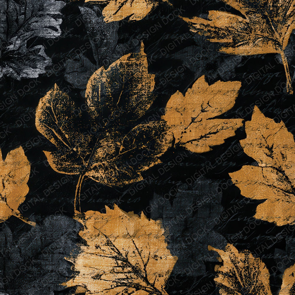 Indian Block Print Autumn Leaves Charcoal Gold Digital Paper Pack (DDD012871)