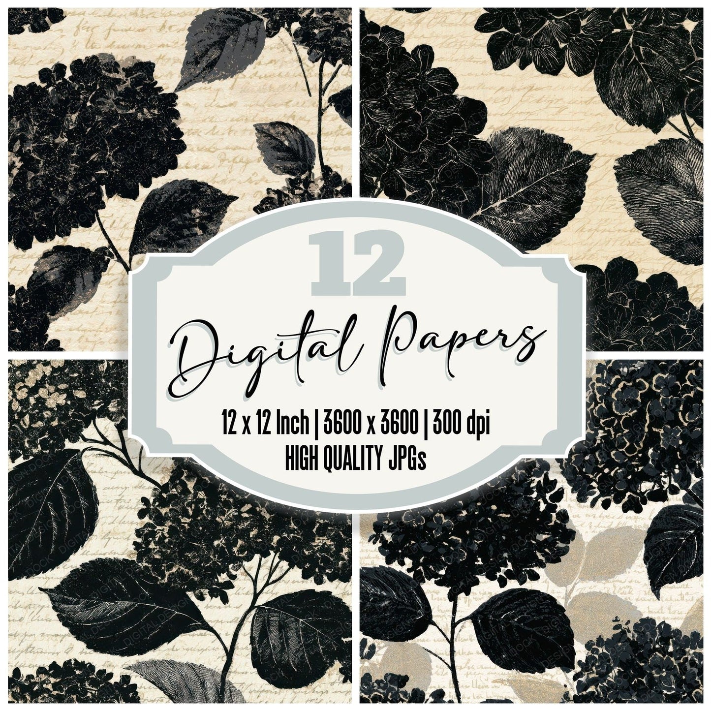 Letterpress Hydrangea Cream Black Digital Paper Pack (DDD012872)