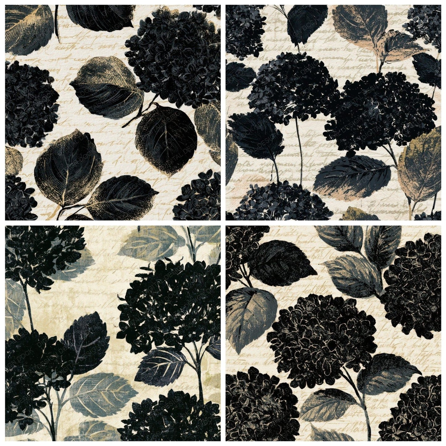 Letterpress Hydrangea Cream Black Digital Paper Pack (DDD012872)