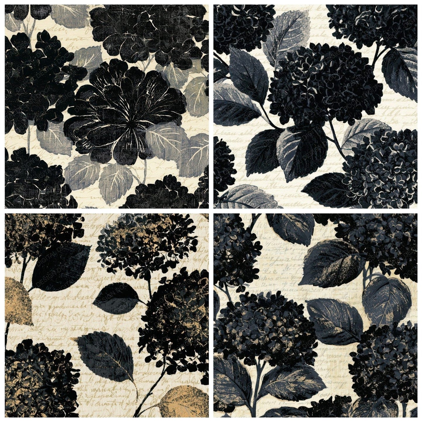 Letterpress Hydrangea Cream Black Digital Paper Pack (DDD012872)