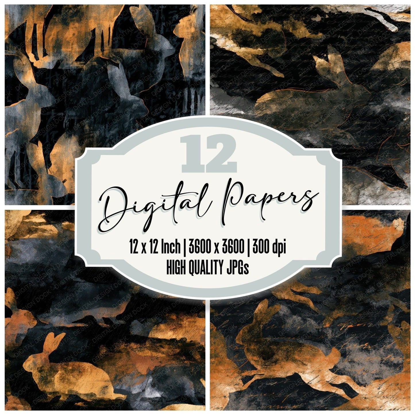 Sumi-e Hares Charcoal Gold Digital Paper Pack (DDD012879)