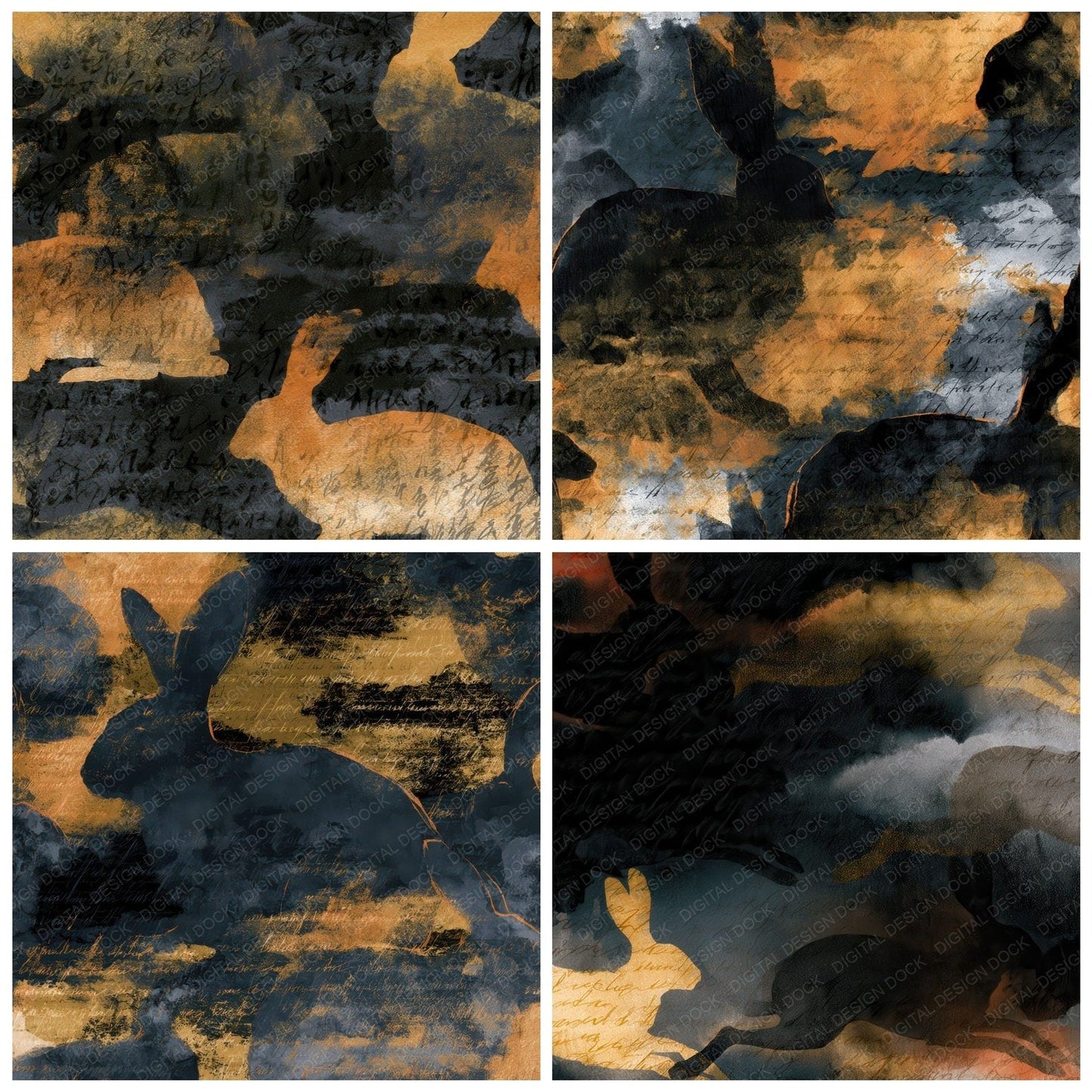 Sumi-e Hares Charcoal Gold Digital Paper Pack (DDD012879)