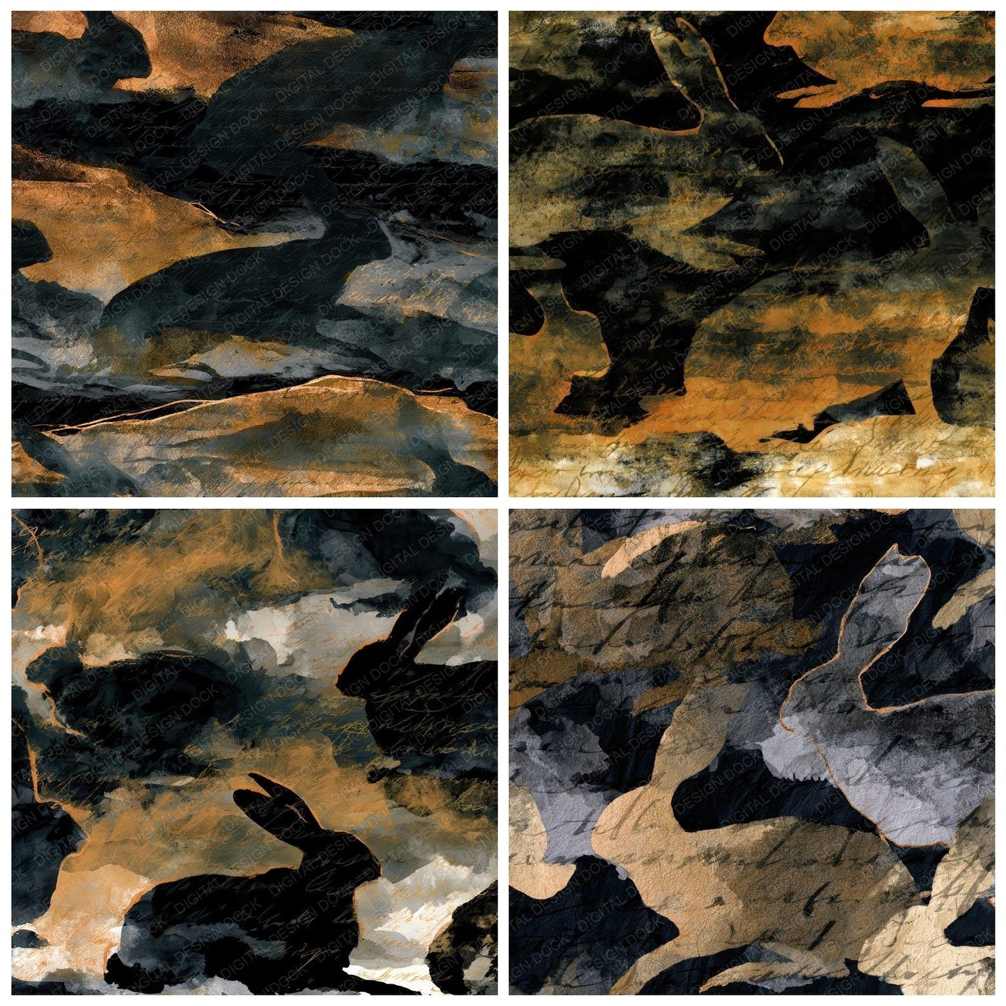 Sumi-e Hares Charcoal Gold Digital Paper Pack (DDD012879)