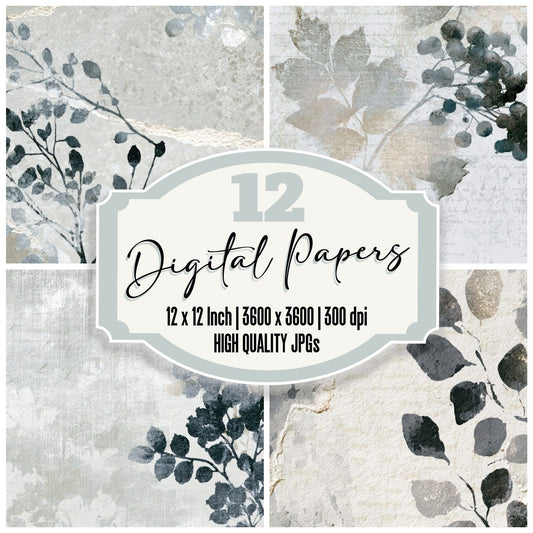 Torn Paper Berries Silver White Digital Paper Pack (DDD012881)