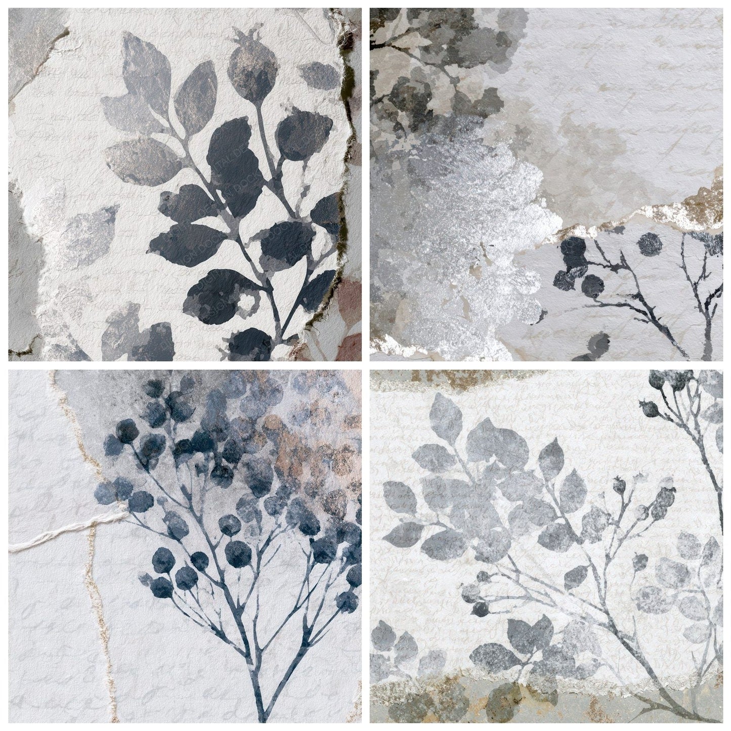 Torn Paper Berries Silver White Digital Paper Pack (DDD012881)