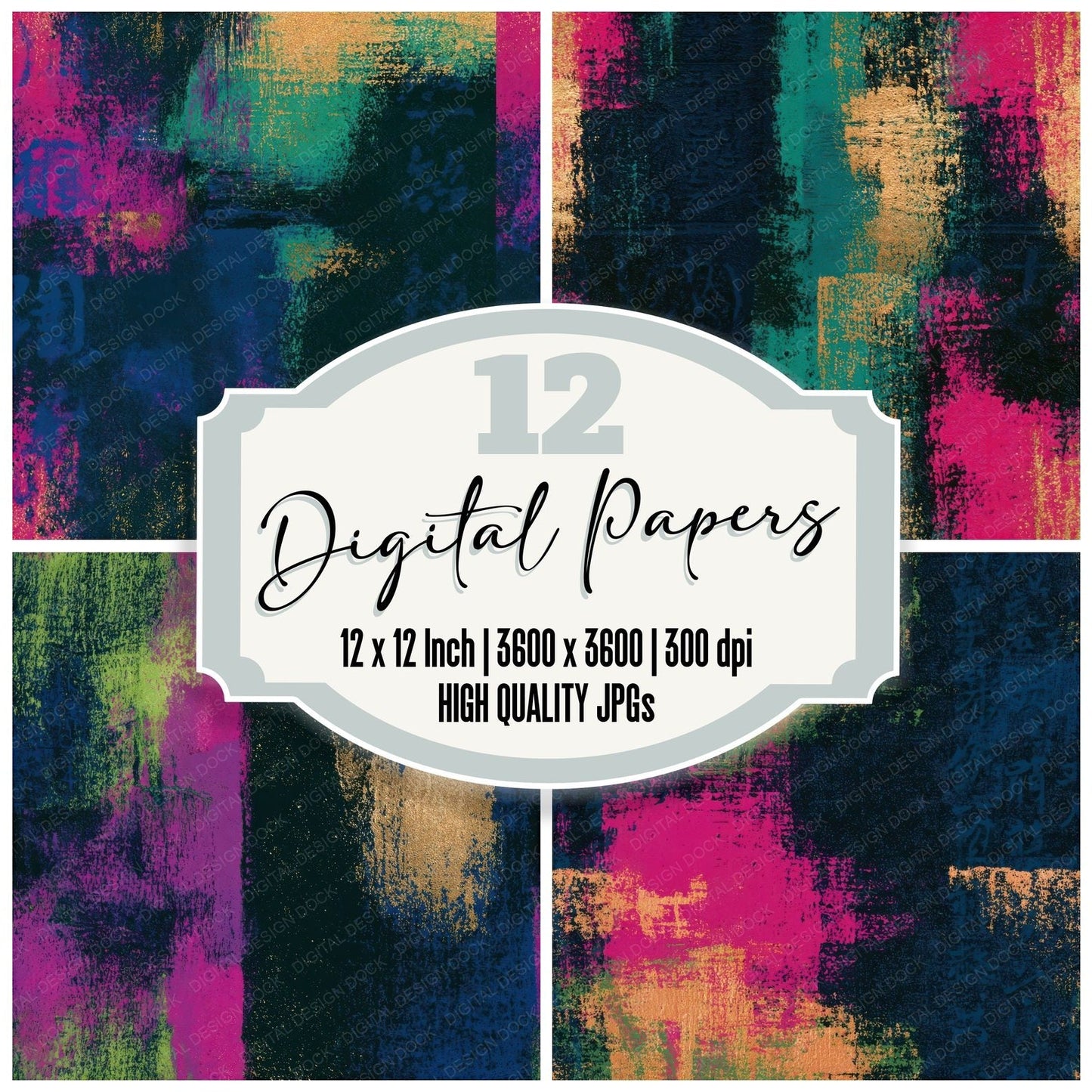 Woodblock Neon Magenta Midnight Abstract Seamless Digital Paper Pack (DDD012883)