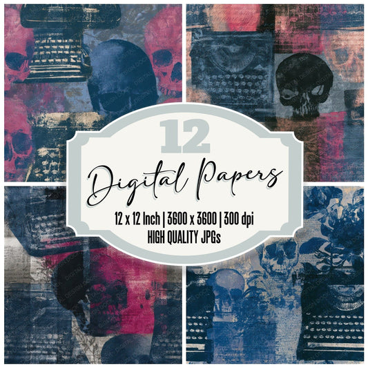 Cyanotype Skulls Typewriters Jet Rose Seamless Digital Paper Pack (DDD012885)