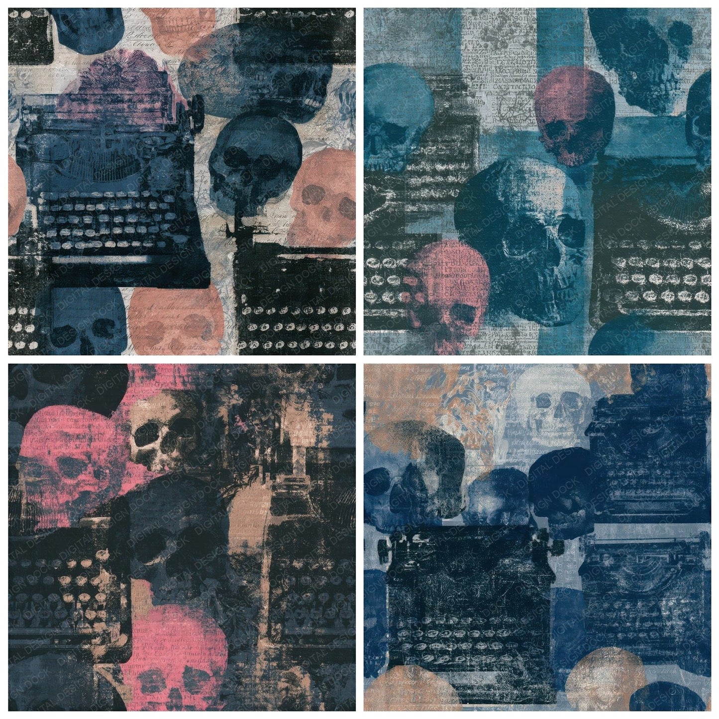 Cyanotype Skulls Typewriters Jet Rose Seamless Digital Paper Pack (DDD012885)