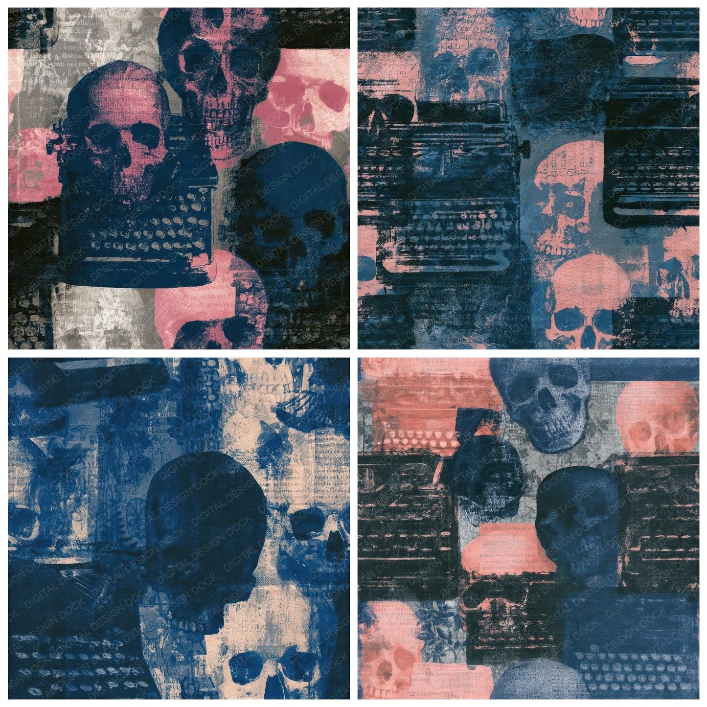 Cyanotype Skulls Typewriters Jet Rose Seamless Digital Paper Pack (DDD012885)